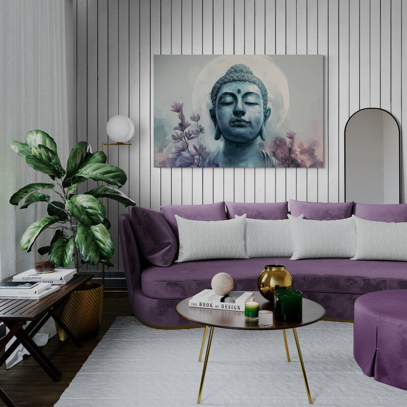 Pintura digital de Buda en meditación con flores de loto en tonos suaves