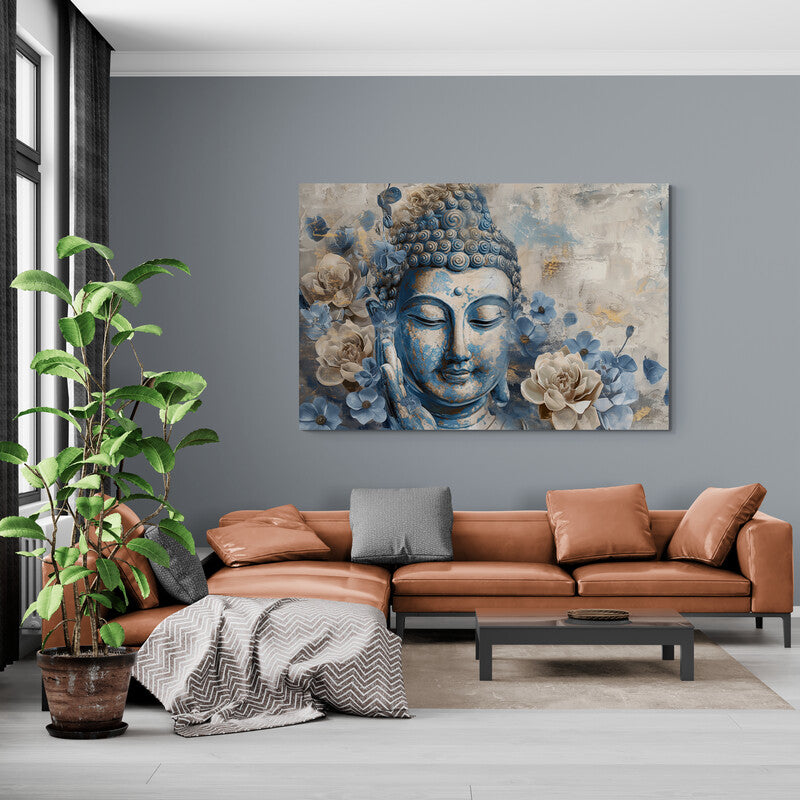 Pintura de Buda en azul con hortensias y texturas abstractas