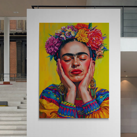 "Retrato de mujer con flores en tocado y fondo amarillo"