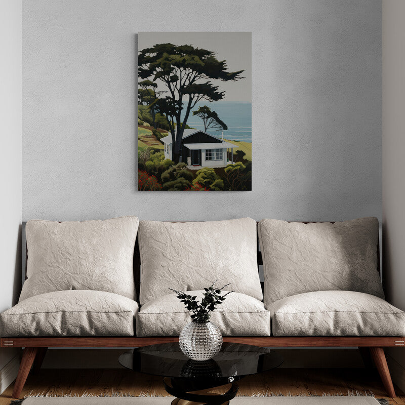 Casa blanca y árboles frente al mar en estilo de pintura modernista