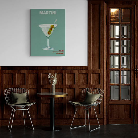 Cuadro minimalista de martini con receta y fondo verde menta