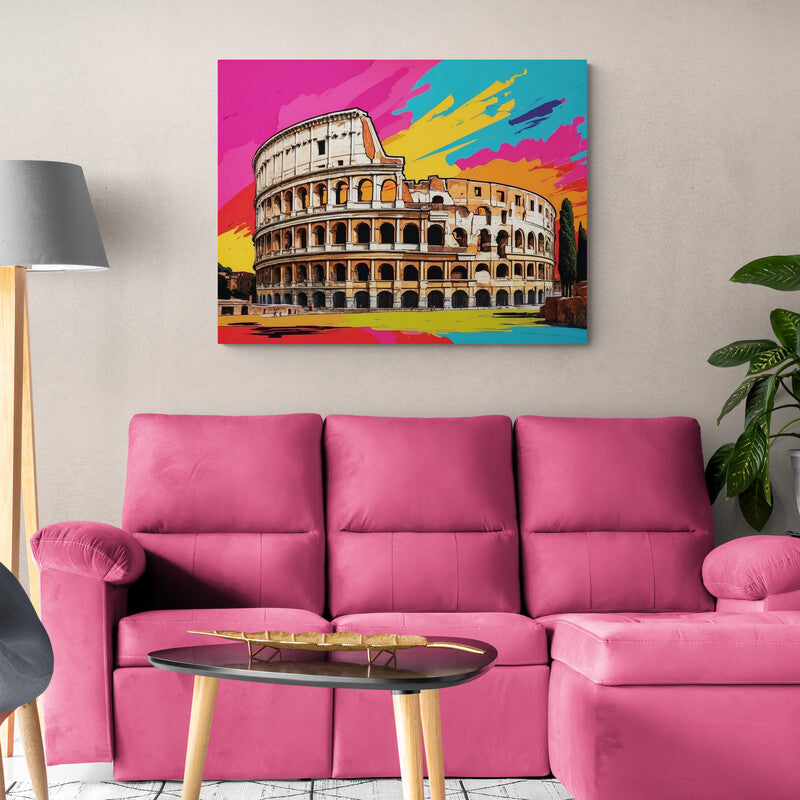 Arte pop del Coliseo Romano con cielo abstracto y colores brillantes