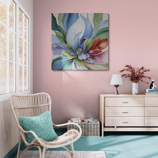 Cuadro decorativo de flor abstracta en tonos azul, verde y rosa con estilo moderno suave y elegante