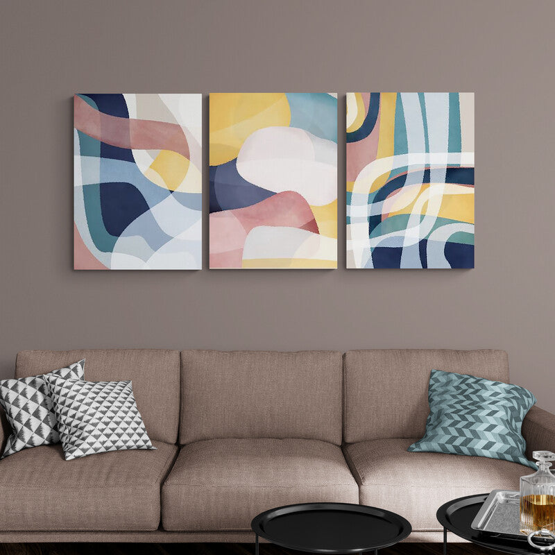 Set de tres cuadros abstractos estampados de líneas gruesas en rosa, blanco transparente, verde, azul y amarillo