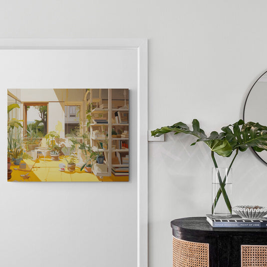 Pintura detallada de un estudio soleado con plantas y libros