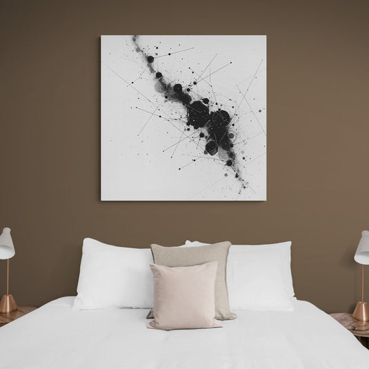 Obra abstracta en blanco y negro con puntos y líneas evocando un universo