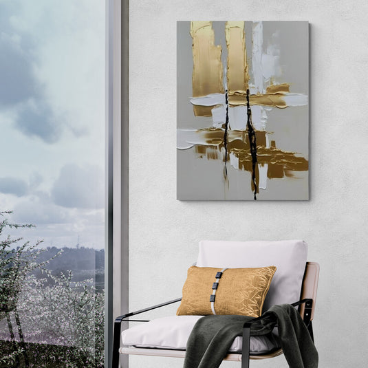 Cuadro decorativo abstracto moderno con pinceladas doradas y blancas estilo minimalista elegante contemporáneo