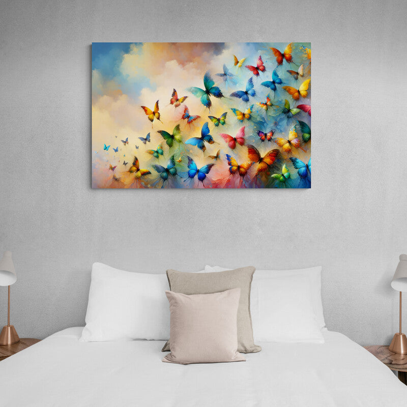 Vuelo dinámico de mariposas multicolores en cielo pastel para cuadro decorativo