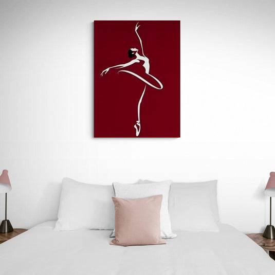 Cuadro decorativo de bailarina en salto sobre fondo rojo intenso estilo minimalista elegante y contemporáneo