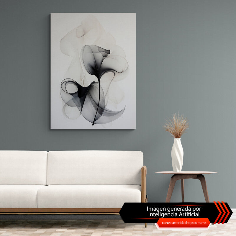 Cuadro decorativo minimalista sobre fondo beige, destacando detalles sutiles en forma de humo negro creando flores.