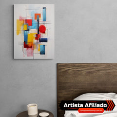 Composición abstracta con formas geométricas en colores primarios y pinceladas fluidas
