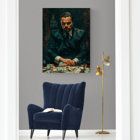 Retrato de magnate con dinero en la mesa