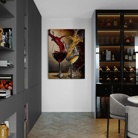 Cuadro decorativo de brindis con copas de vino tinto y blanco, capturando el movimiento y la vibrante energía de las salpicaduras.