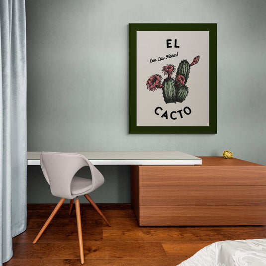 Cuadro decorativo con marialuisa verde oscuro, fondo crema, palabras 'el' y 'cacto', frase 'con las flores' y cactus verdes pálidos adornados con flores rosa