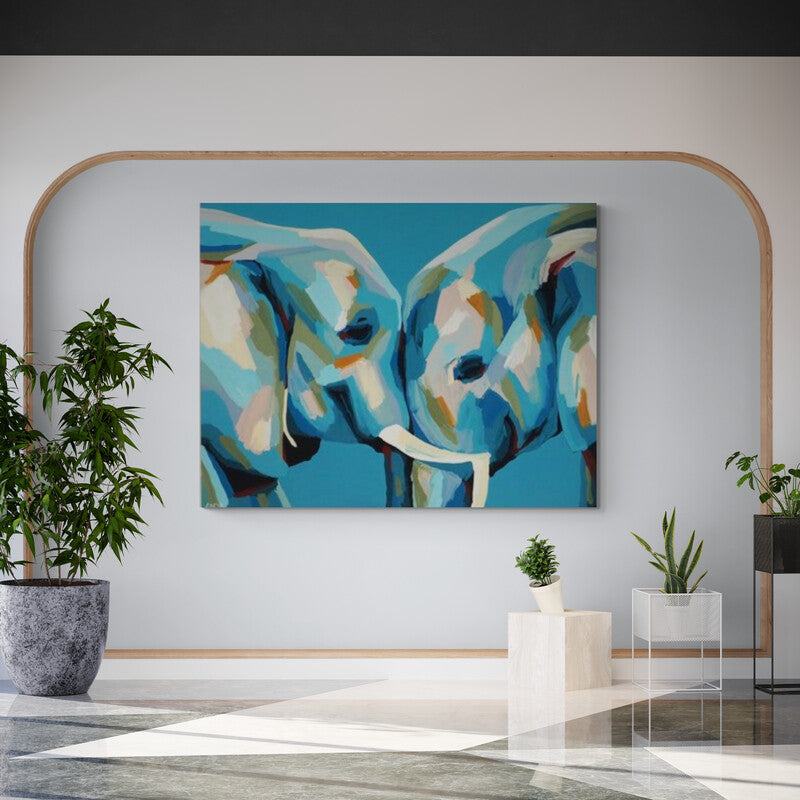 Dos elefantes en estilo abstracto sobre fondo azul