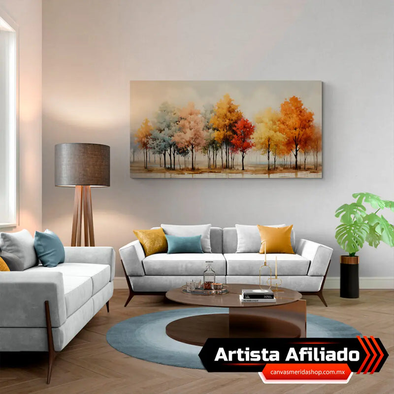 Cuadro Decorativo: Árboles de Troncos Delgados y Hojas en Amarillo, Naranja, Mostaza, Azul Pálido, Beige Pálido y Rojo