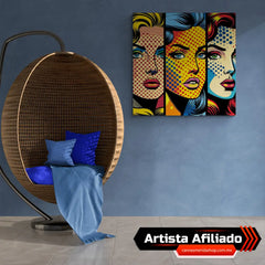 Tres paneles de arte pop al estilo de Lichtenstein con rostros femeninos en colores primarios con puntos Ben-Day