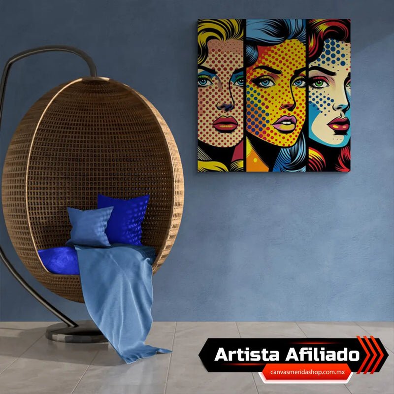 Tres paneles de arte pop al estilo de Lichtenstein con rostros femeninos en colores primarios con puntos Ben-Day