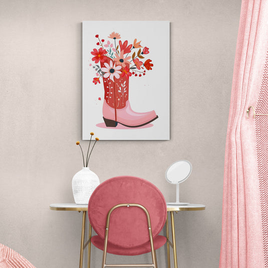 Ilustración de bota vaquera rosa con ramo de flores rojas y rosas

