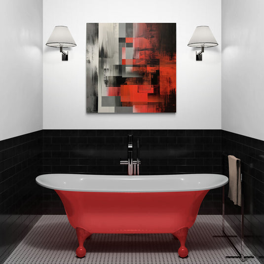 Cuadro abstracto rojo y gris en baño moderno con bañera roja