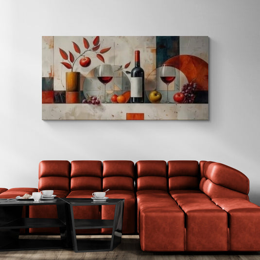Cuadro decorativo horizontal de vino con copas y frutas estilo moderno en tonos cálidos y geométricos