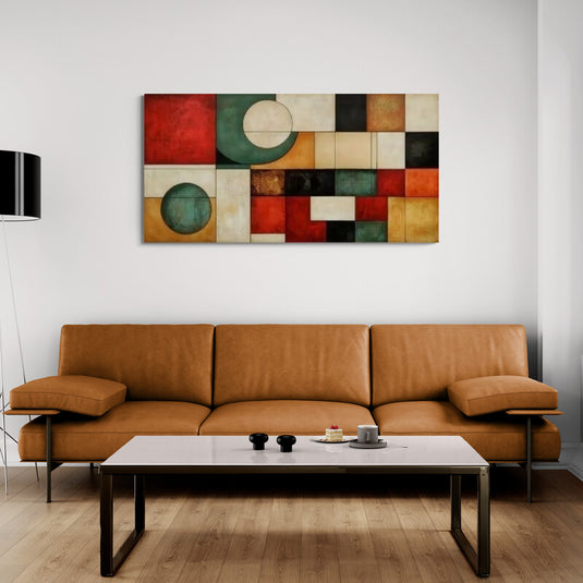 Cuadro decorativo abstracto geométrico horizontal con formas y bloques de color en tonos cálidos y modernos