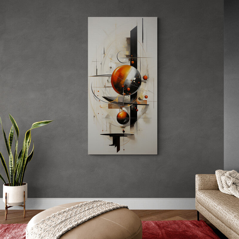 Pintura abstracta con esferas flotantes y elementos geométricos