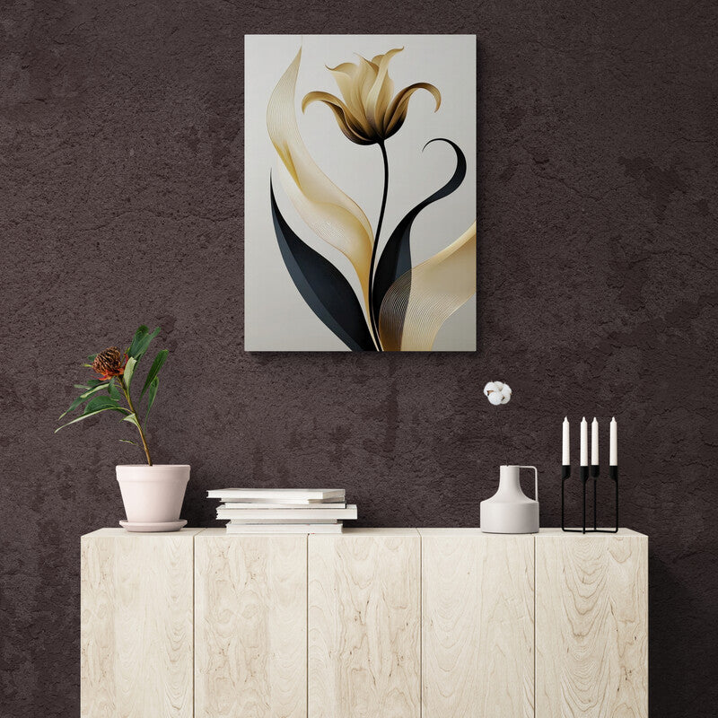 Flor abstracta en negro y dorado con diseño estilizado y moderno