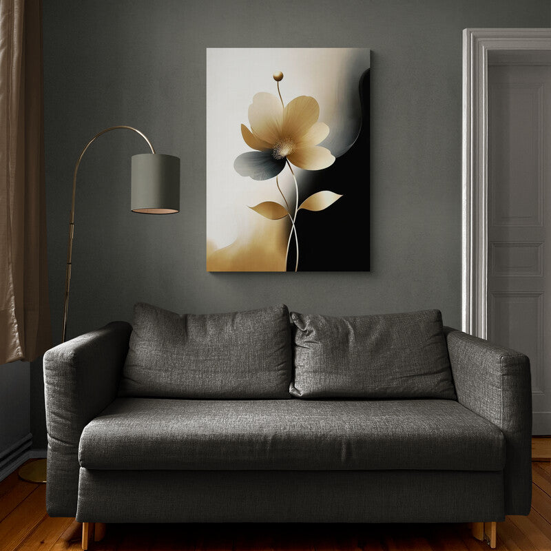 Arte digital minimalista de una flor estilizada con botón dorado y pétalos en degradado de beige a gris