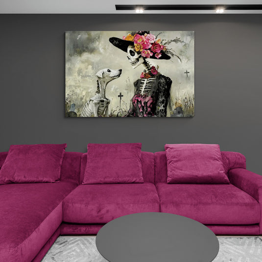 Cuadro decorativo La Catrina con perro esqueleto y flores coloridas 