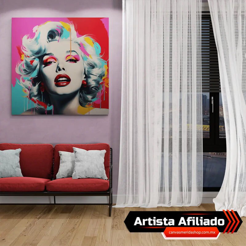 Retrato estilizado de Marilyn Monroe en pop art con colores vibrantes y detalles abstractos