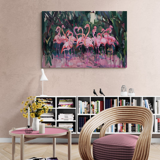 Pintura de flamencos rosados en ambiente natural con fondo oscuro para decoración elegante.