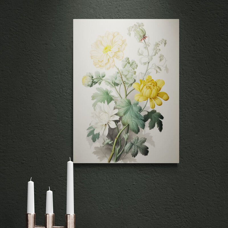Pintura detallada de crisantemos en tonos pastel con hojas verdes