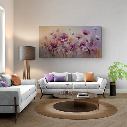 Pintura de campo de amapolas en tonos pastel al atardecer