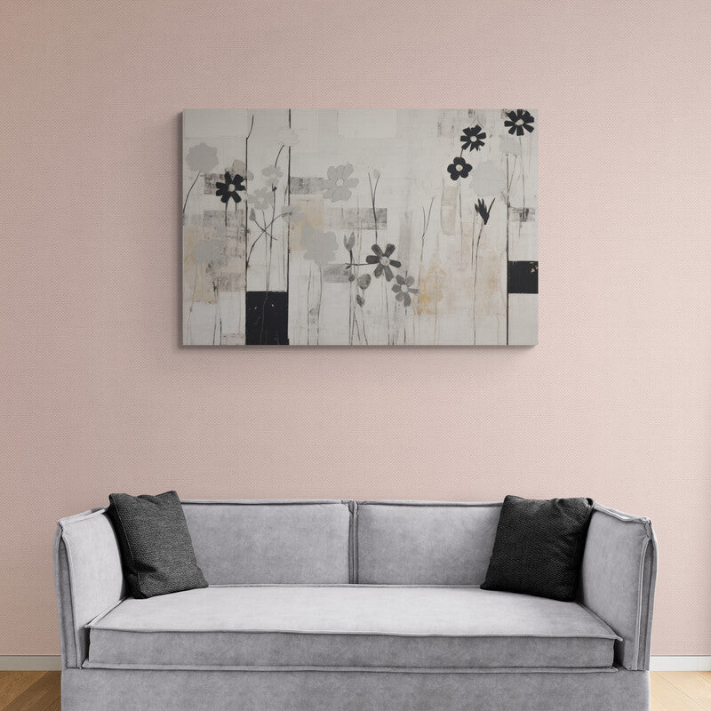 Pintura abstracta de flores en blanco, negro y gris
