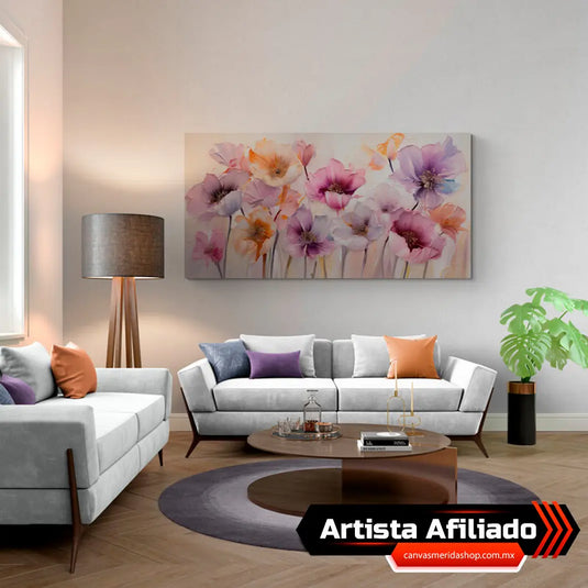 Cuadro Decorativo: Exuberante Jardín de Flores en Tonos Lilas, Fucsia Claro y Naranja sobre Fondo Beige