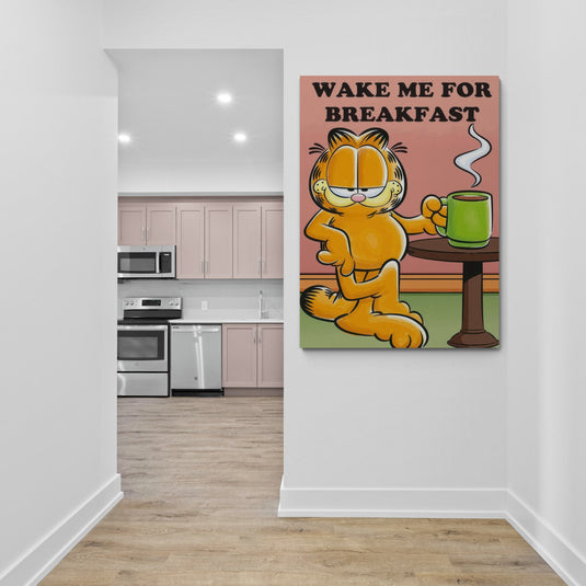 Garfield con café y texto humorístico para decoración de cocina