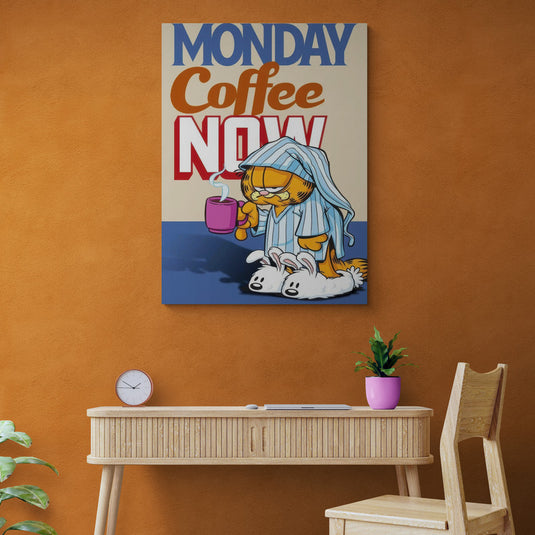 Garfield con pijama y café con el mensaje 'Monday Coffee NOW