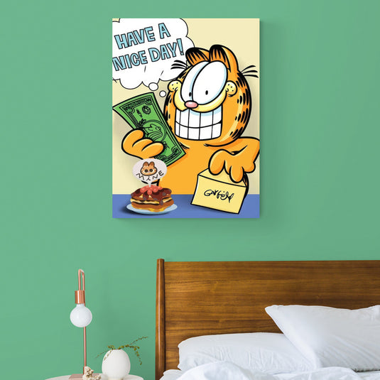 Garfield sonriente con billete y mensaje 'Have a Nice Day!