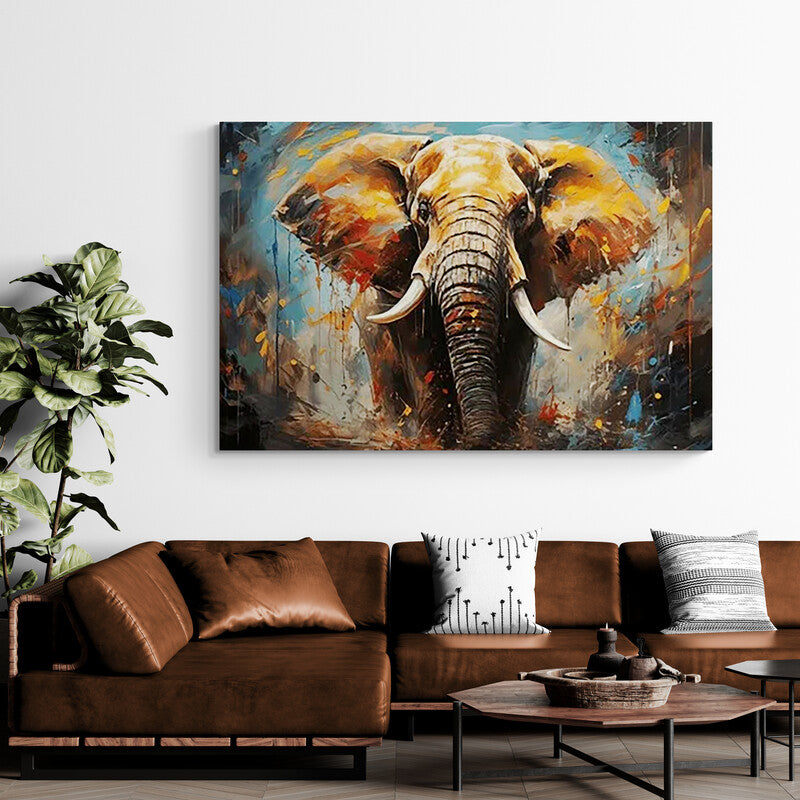 Pintura expresionista de un elefante con tonos terrosos y acentos coloridos.