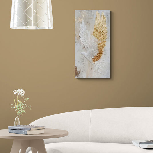 Cuadro decorativo de paloma blanca en vuelo con detalles dorados estilo elegante y espiritual minimalista