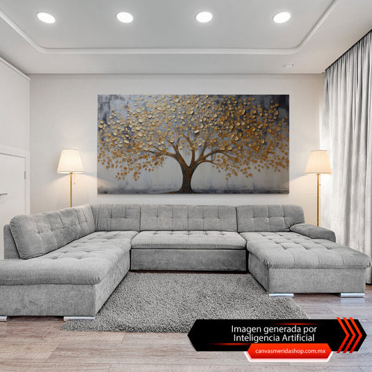 Cuadro Decorativo: Árbol con Tronco Café y Hojas Doradas sobre Fondo Gris Elegante