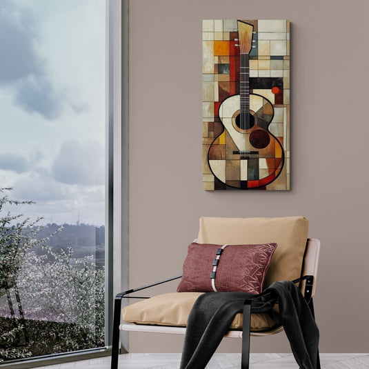 Guitarra abstracta en estilo cubista con tonos cálidos y geométricos