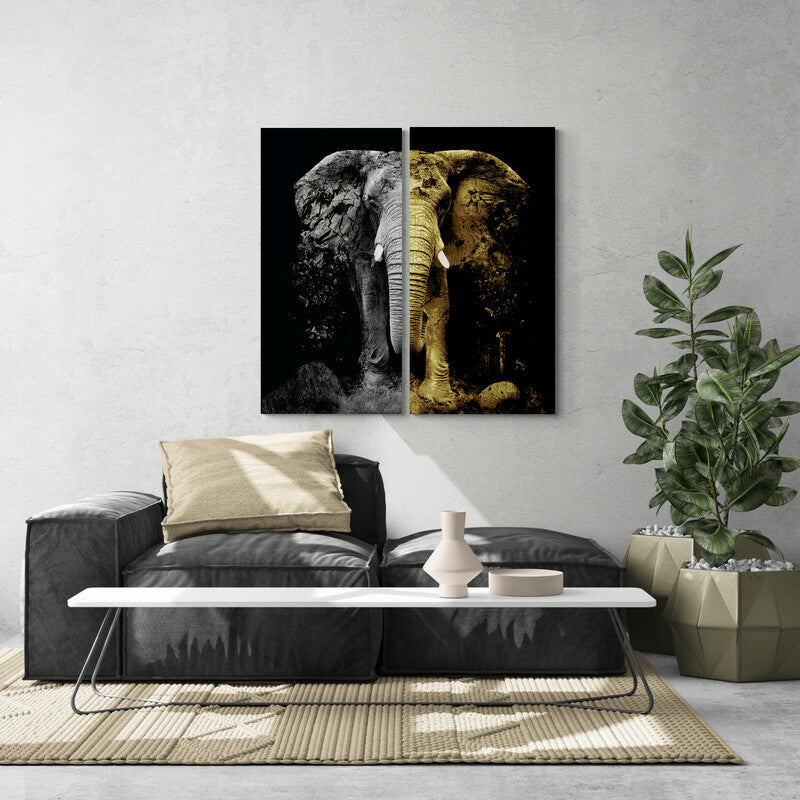 Cuadros Decorativos: Elefante en Negro, Mitad Gris y Mitad Amarillo