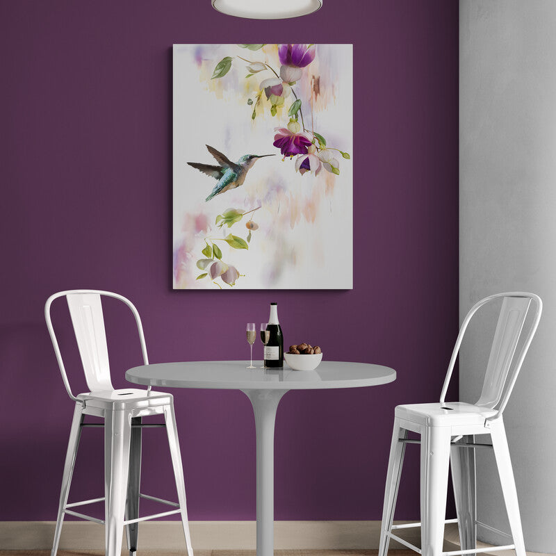 Pintura en acuarela de colibrí y flores de fucsia con fondo suave