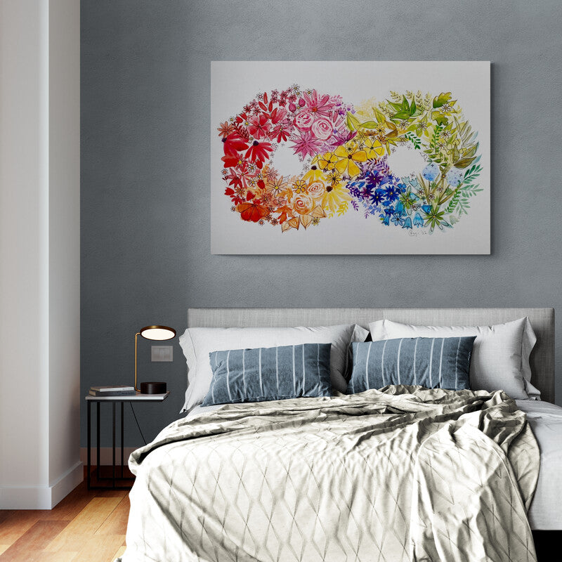 Arte floral en círculo cromático con variedad de colores y flores