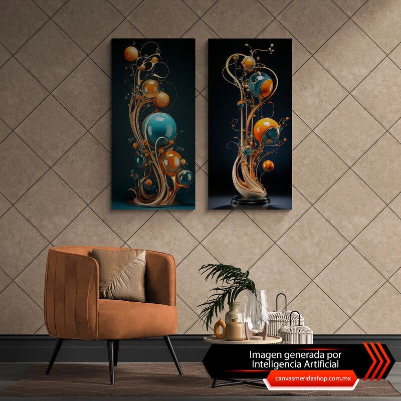 Set de Cuadros Decorativos Abstractos: Fondo Oscuro con Esferas Flotantes en Naranja y Azul y Líneas Curvas Beige para una Estética Cosmopolita y Moderna