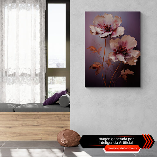 Flores naranjas y moradas con hojas beige