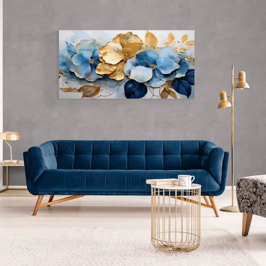 Cuadro decorativo floral con flores azules, blancas y doradas