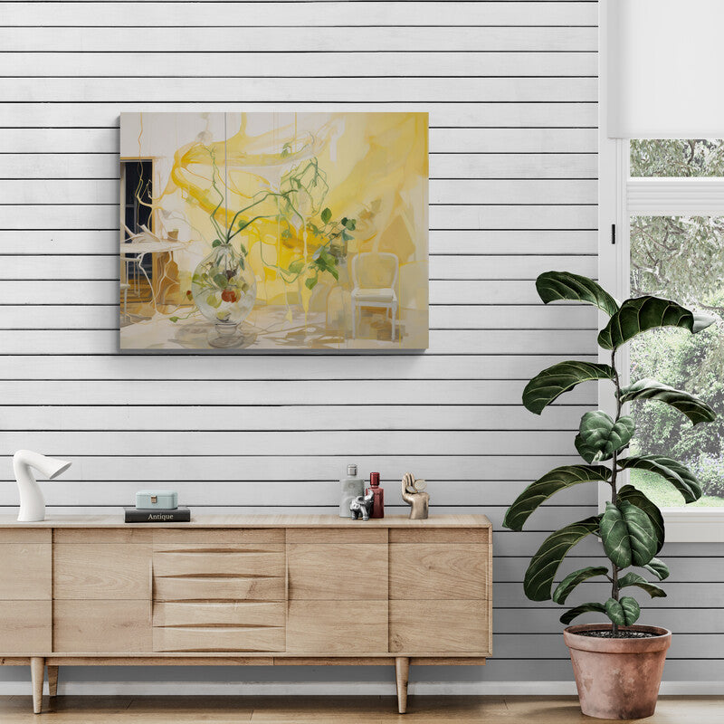 Pintura de interior minimalista con planta en jarrón y juego de luz amarilla